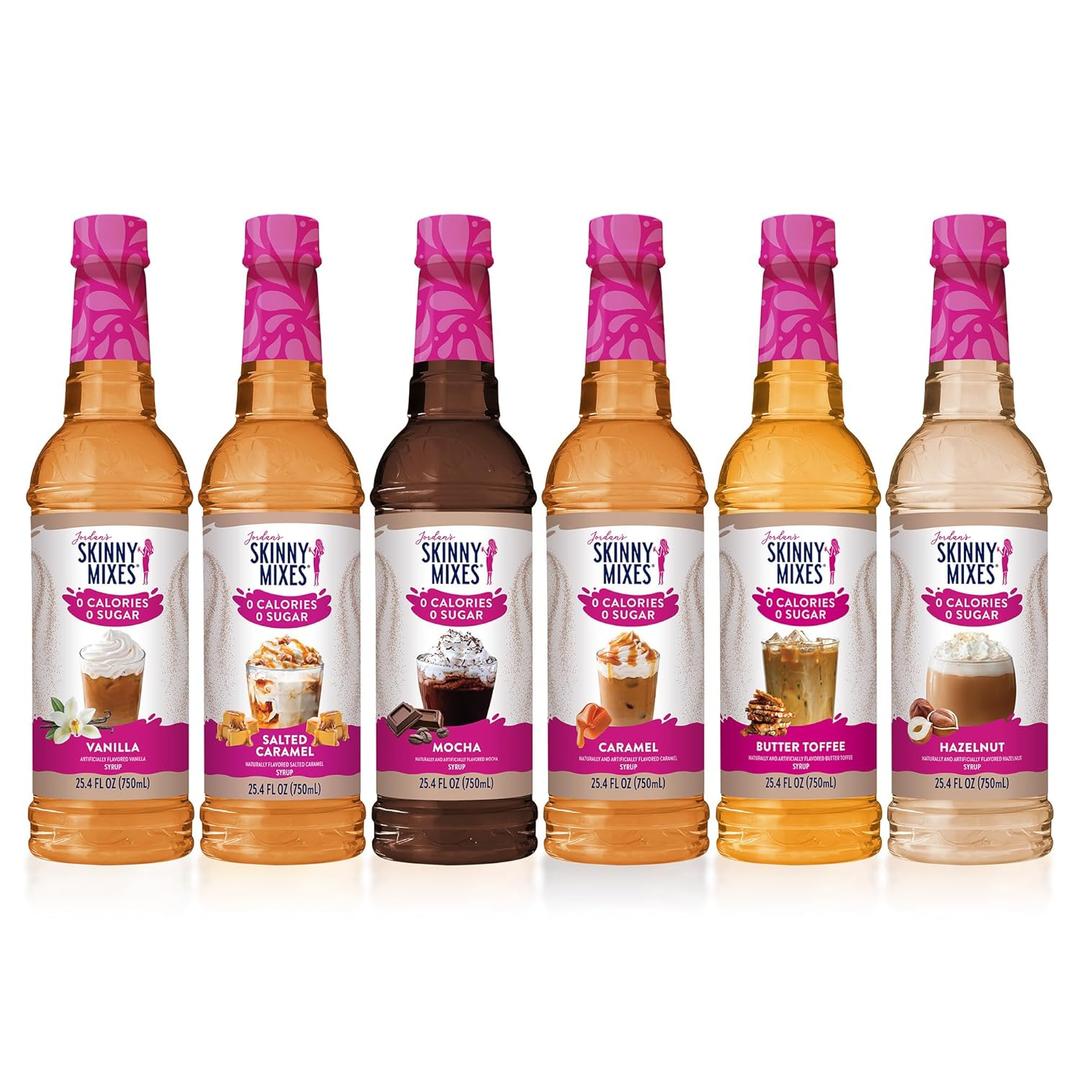 Jordan's Skinny Mixes Sugar Free Coffee Syrup, 6 Sampler Variety Pack Coffee Flavoring Syrup, Zero Calorie Drink Mix, Lattes, Baking, Protein Shake or Cocktail, Dairy & Gluten Free, Kosher, 25.4 Fl Oz