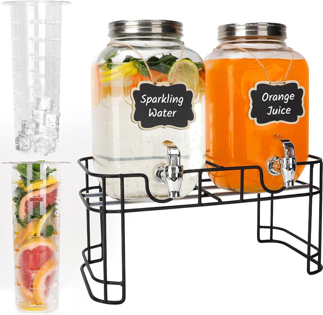 Waymind 1 Gallon Glass Drink Dispensers, 2 Pack Clear Beverage Dispenser with Stand and Spigot for Parties, Drink Dispenser with Ice Core and Sticker for BBQ, Picnic, Lemonade Dispenser