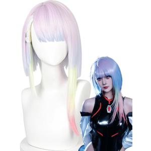 Half and Half Light Pink Purple Mixed Blue Yellow Anime Cosplay Wig 17.7'' Mid-length Rainbow Gradient Costume Wigs Synthetic Hair for Halloween Party Women (Colorful Lu-cy)