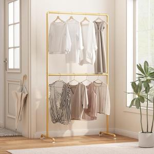 Industrial Pipe Clothing Rack, Heavy Duty Metal Clothes Rack with Double Rods, Freestanding Garment Rack for Bedroom Boutique Retail Use (Gold)