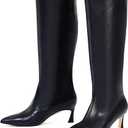 GENSHUO Knee High Boots Women Pointed Toe 2.3 Inches Kitten Heel Tall Boots Classic Fashionable Long Boots with Side Zipper (Black), Size 6