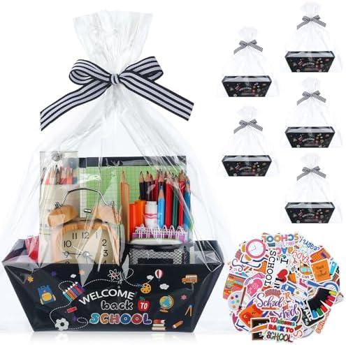 RattanView 6 Pcs Welcome Back to School Gift Baskets Empty Teacher Appreciation Gift Baskets with Handle Transparent Bags Cute School Stickers and Bows Ribbon for Kids Classroom Party Favor