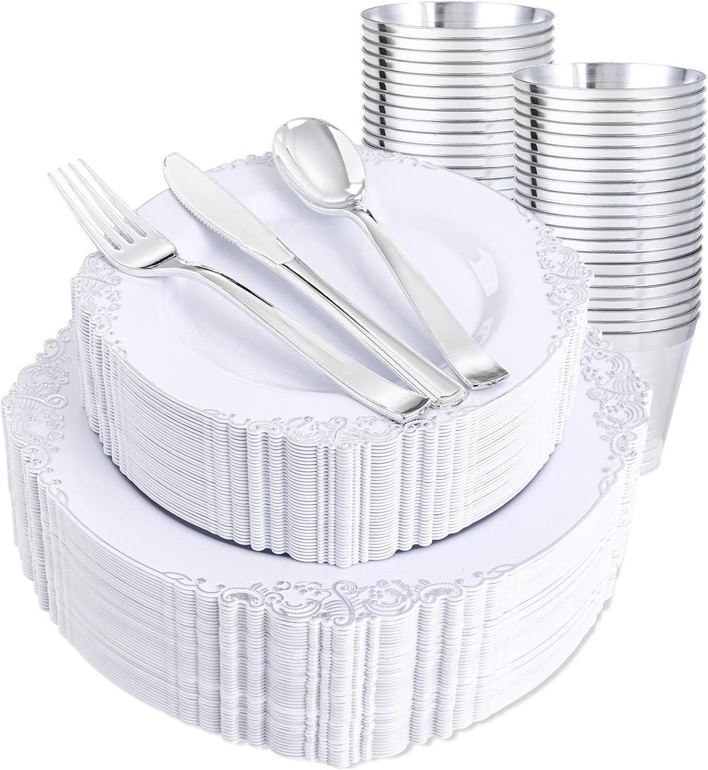 Hioasis 300pcs White and Silver Plastic Plates - Disposable Dinnerware Set Suitable for 50 Guests Include 10.25" Dinner & 7.5" Dessert Plates,Silverware Set, Cups for Weddingr(NO Napkins Included)