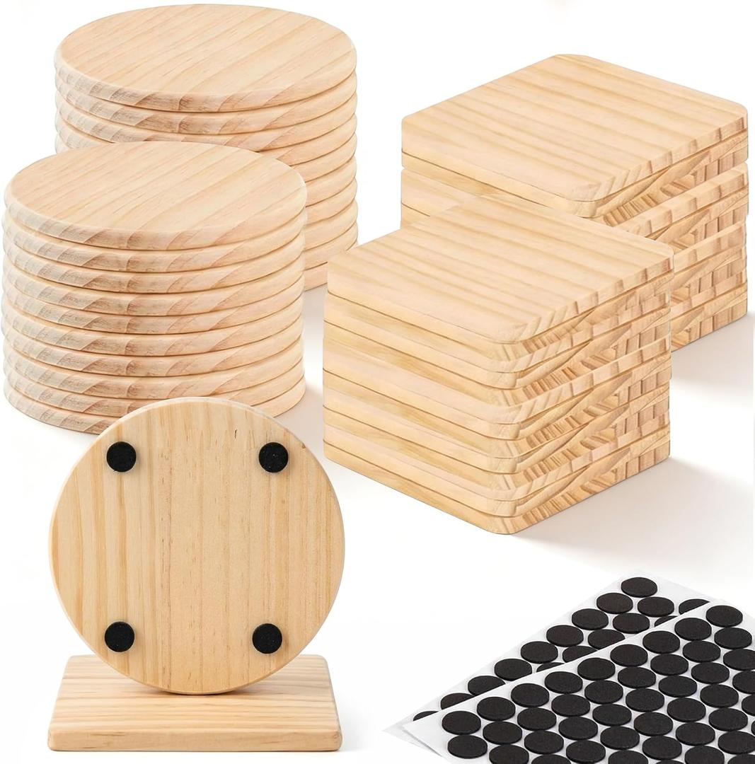 66/120 Pcs Wood Coasters for Crafts, Unfinished Pine Wood Coaster Blanks 4 Inch Round & Square with Non Slip Pads for DIY Painting, Laser Engraving, Craft Projects (66 Pcs)