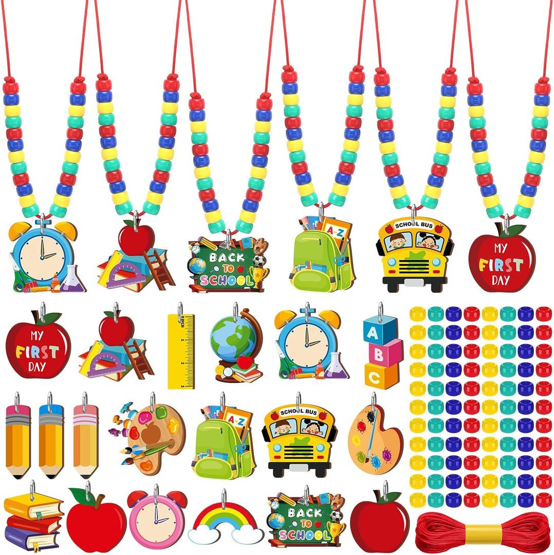 48 Sets Back to School Bead Necklace Crafts Kit Welcome First Day of School Craft Gifts Apple Bus Shape Beads DIY Necklace Supplies Party Favor