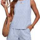 LOMON Women's Trendy 2 Piece Outfits Shorts Sets Summer Crew Neck Sleeveless Tank Top and Bottom Matching with Pockets 2026 (Medium, Light Blue & White Checkered)