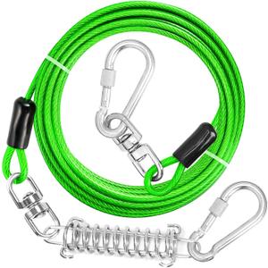 jenico Dog Tie Out Cable, 10/15/20/30/40/50/70/100/150FT Runner Cable with Swivel Hook and Shock Spring, Dog Leash Run Tether for Yard Outdoor and Camping,for Small to Medium Pets Up to 500 LBS (Green)