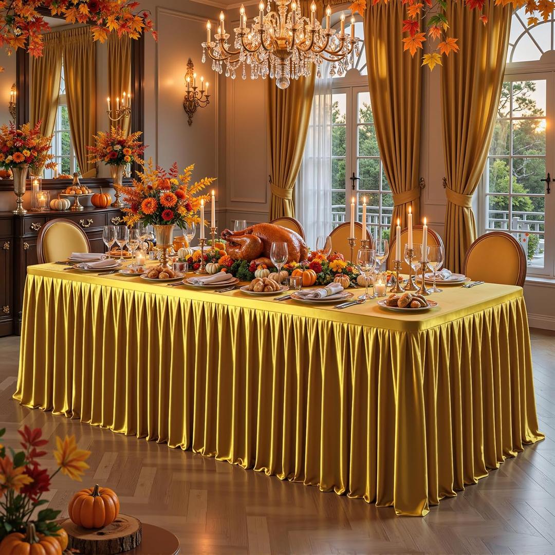 Gold Satin Tablecloths Rectangle 4FT, Glitter Fitted Stretch Table Covers Wrinkle-Resistant Floor Length Shimmer Pleated Table Skirt for Weddings Parties Baby Shower Banquets Vendor Events (4FT-1 Pack)
