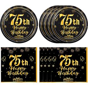 40 PCS 75th Birthday Decorations Kit for Men Women Vintage 75th Birthday Plates and Napkins Black and Gold 75 Years Party Decorations for 1951 Years Old Dessert Plates and Napkins Party Supplies