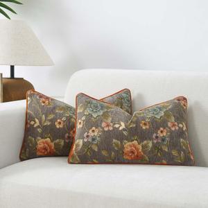 JUSPURBET Boho Floral Pillow Covers 16x24 Inch Set of 2 Chenille Lumbar Throw Pillow Covers with Piping for Couch Bed Soft Textured Cushion Cases for Farmhouse Rustic Decor,Gray