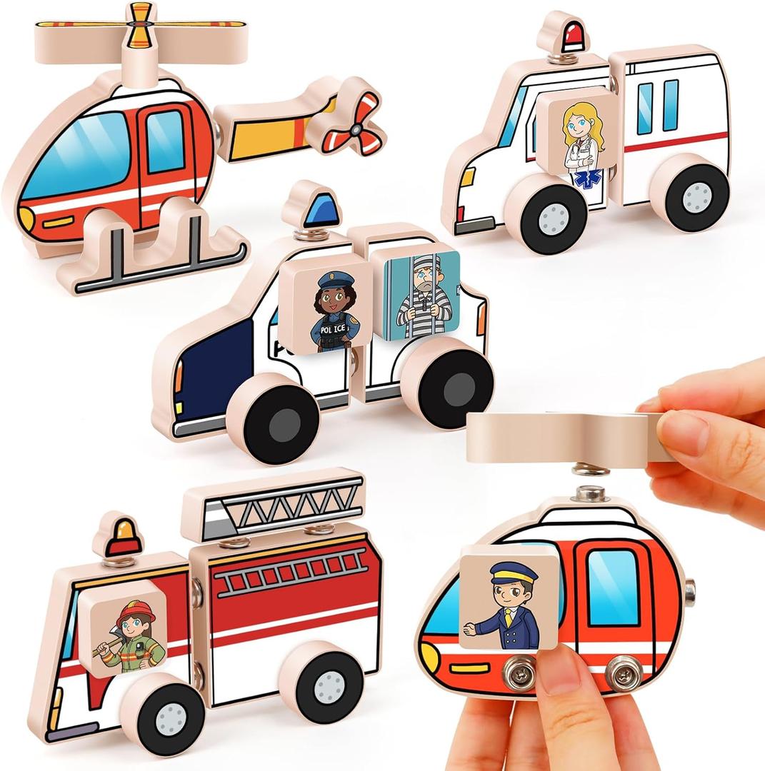 Aizweb Emergency Vehicle Toys,Wooden Police Car, Fire Truck, Ambulance, Helicopter,STEM Kit Fine Motor Blocks Educational Learning Montessori for 4-8 Year Old Boys Girls Community Helper