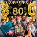 80th Birthday Decorations Men Women with 80th Birthday Banner, Black and Gold Table Cloth, Number Balloons, Large Sash, Cake Topper and Candles