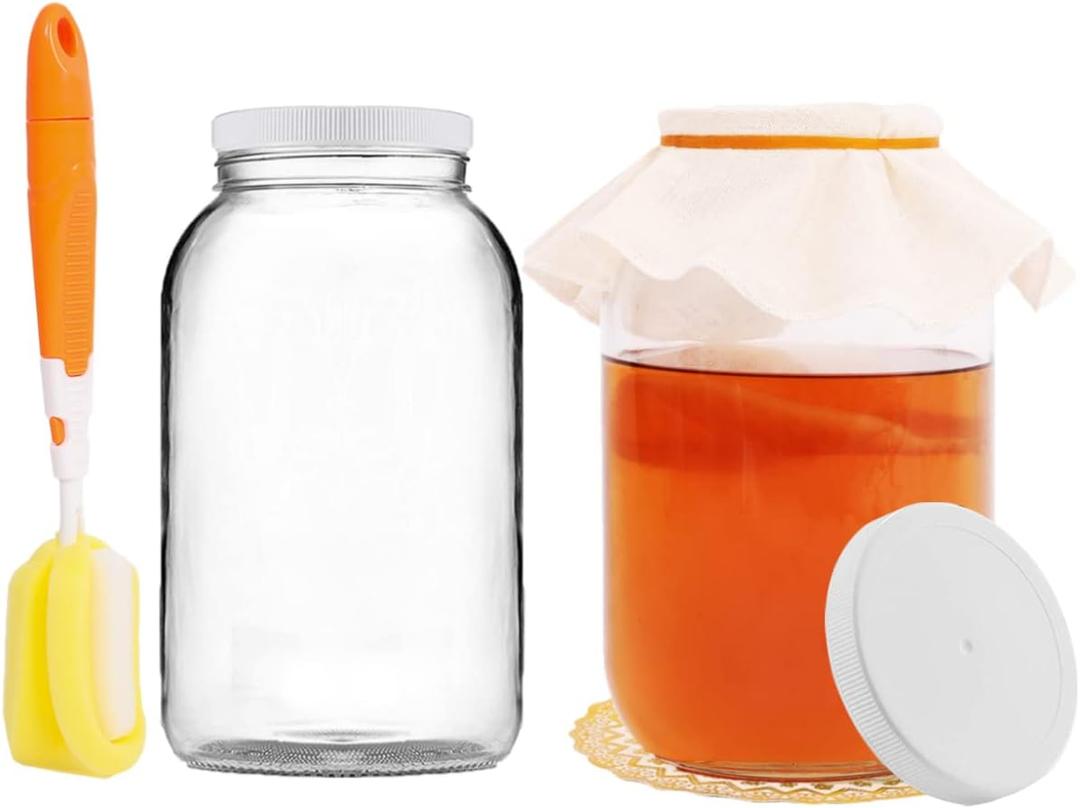 Artcome 1-Gallon Glass Jar Wide Mouth with 2 Airtight Plastic Lids, 4 Muslin Cloths, 2 Rubber Bands, 2 Gold Mats and a Brush for Kombucha, Fermenting, Kefir, Storing and Canning, 2 Packs