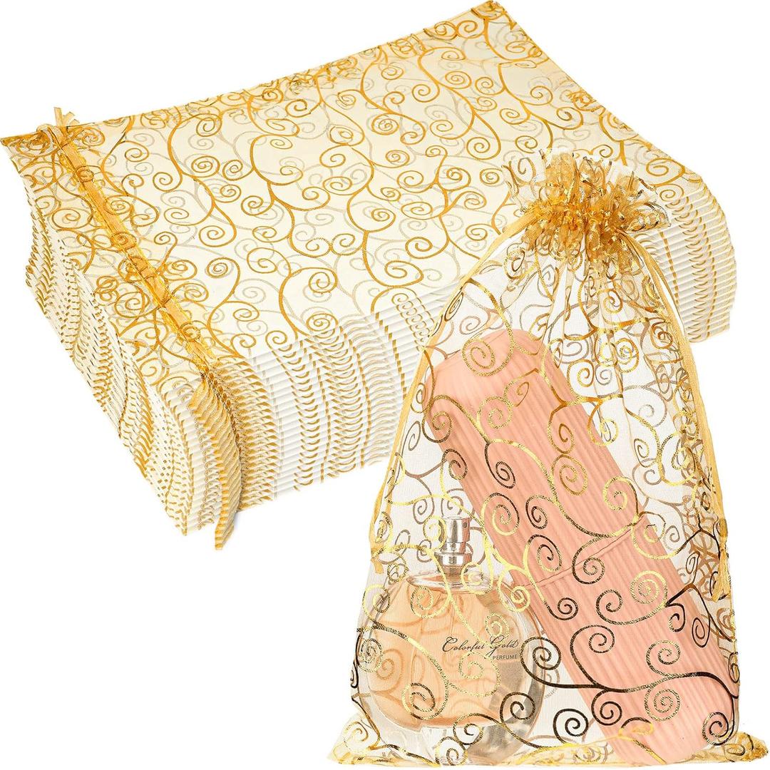 Kigeli 100 Pcs 8 x 12 Inches Large Organza Gift Bags Wedding Party Favor Gift Candy Toys Makeup Pouches Gift Bag Drawstring Jewelry Gift Bag for Wedding Baby Shower Christmas Party Favors Gift(Gold) (Gold, Vine)