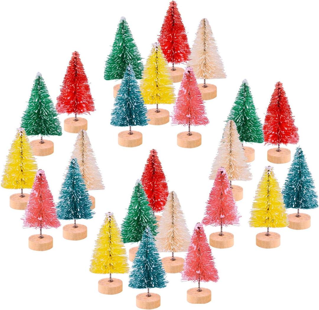 KUUQA 24Pcs Multicolor Mini Sisal Trees Bottle Brush Trees Mini Christmas Trees Pine Trees with Wood Base Winter Snow Ornaments Tabletop Tree for Xmas Decor Diorama Models (6 Colors), SMALL SIZE TREES