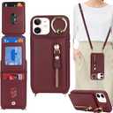for iPhone 12 Mini Case with Card Holder for Women, for iPhone 12 Mini Phone Case Wallet with Strap Credit Card Slots Crossbody with Kickstand Zipper Case - Red Wine