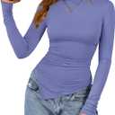 BTFBM Asymmetrical Tops for Women Long Sleeve Shirts Fall 2025 Ruched Slit Fitted Basic Tees Y2k Going Out Tunic Top (Blue, M)