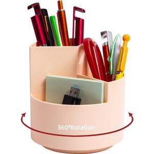 Desk Pencil Pen Holder, 3 Slots 360-Degree Spinning Organizers, Desktop Storage Stationery Supplies, Cute Cup Pot for Office, School, Art Supply, Kids - Pink
