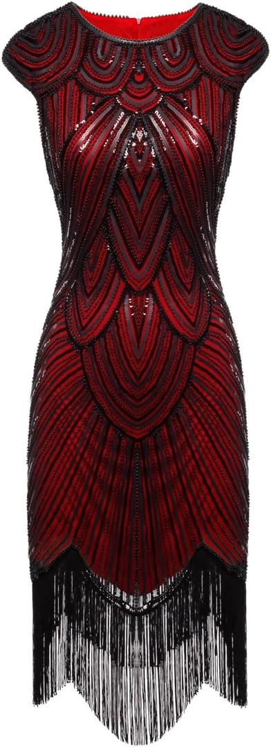FAIRY COUPLE 1920s Sequined Embellished Tassels Hem Flapper Dress D20S002 (Small, Dark Red)