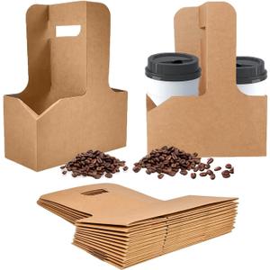 2 x 2 Cup Kraft Drink Carrier with Handles,20 Pack Portable Foldable Drink Carrier for Delivery,Cup Carriers for Hot or Cold Drinks,Coffee Carrier, Food Delivery,Take Out Cup Carriers., Brown (6.9L x 3.2W x 8.9H)