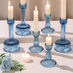 Circle Candlestick Holders Bulk, 6 Pcs Blue Combination Candle Holders Set, Crystal Candle Holders for Wedding, Table Centerpiece, Home Decoration