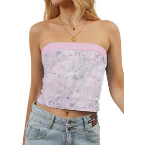 TERIVEEK Women Strapless Reversible Foldover Tube Top Y2K Floral Print Graphic Crop Bandeau Tops Sleeveless Slim Fit Shirt (Pink, L)