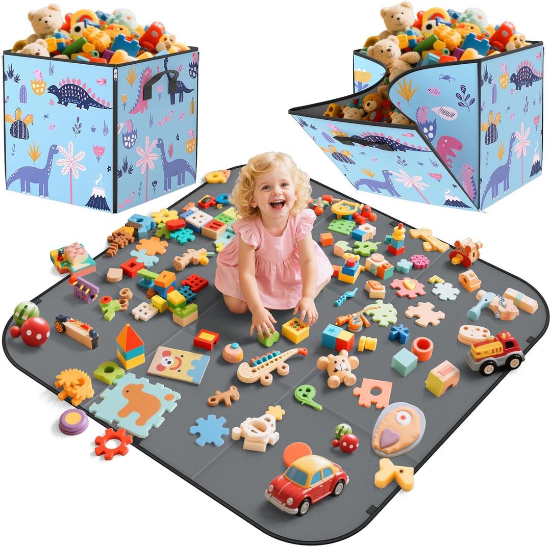 YOHOOLYO 2 In 1 Toy Storage Bin Play Mat, Storage Box for Kids Children Space Adventures Design,Nursery, Playroom, Basket for Building Bricks Blocks Collapsible Cube Bin, 16.9"x16.9"x16.9"