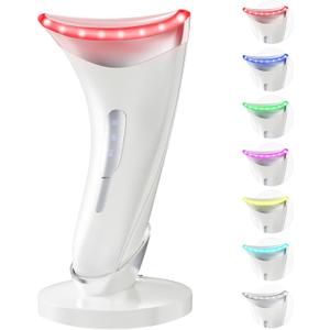 Red Light Therapy for Face and Neck, 7 Color Facial Massager with Adjustable Vibration and Thermals for Wrinkles, Double Chin, Portable Skin Care Tool with Base, White