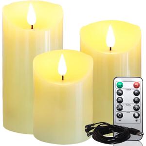 Lezonic Rechargeable Flickering Flameless Candles Battery Operated with Remote and Timer, Pack of 3(D 3'' X H 4''5''6'') Long Lasting Ivory White Real Wax LED USB Pillar Candles