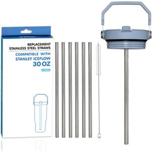 6 PCs Replacement Stainless Steel Straws for Stanley ice flow, 8 inch Reusable straw for Stanley Ice Flow 30oz with Cleaning Brush, Compatible with Stanley Flip Straw Tumbler (30oz)