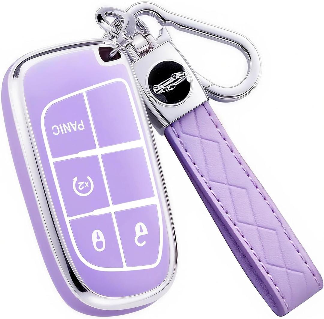 Key Fob Cover for Jeep - Premium Soft TPU Shell Full Protection Case with Keychain, Fits Grand Cherokee Compass Renegade Chrysler Dodge RAM Durango Challenger Journey Dart Fiat, Purple, 4-Button