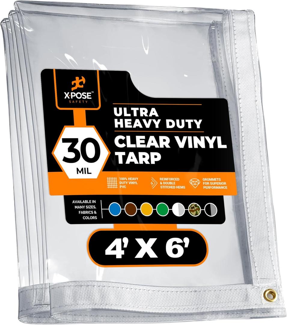 4' x 6' Clear Vinyl Tarp - 30 Mil Super Heavy Duty Transparent Waterproof PVC Tarpaulin with Brass Grommets - for Patio Enclosure, Temporary Wall, Camping, Tent Cover, Canopy - by Xpose Safety