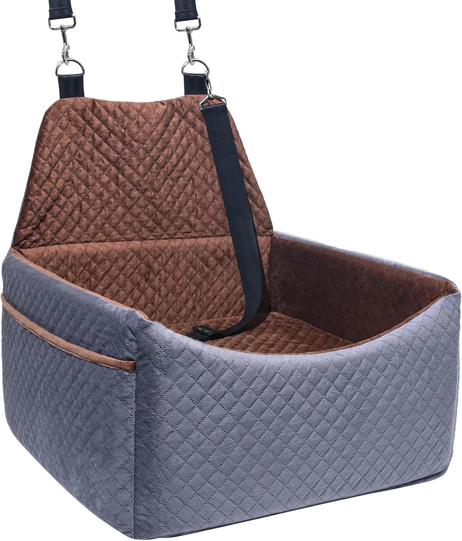 Dog Car Seat for Small Medium Dogs, Soft Fabric Dog Booster Seat with Storage Pockets, Safety Belt, Comfy Pet Car Seat Travel Bed, Removable and Washable (Grayish Brown)