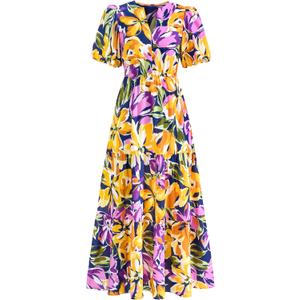 dowerme Womens Summer Dresses 2025 Casual Puff Short Sleeve V Neck Floral Boho Tiered Ruffle Maxi Dress with Pockets (Medium, Navy Yellow Purple)