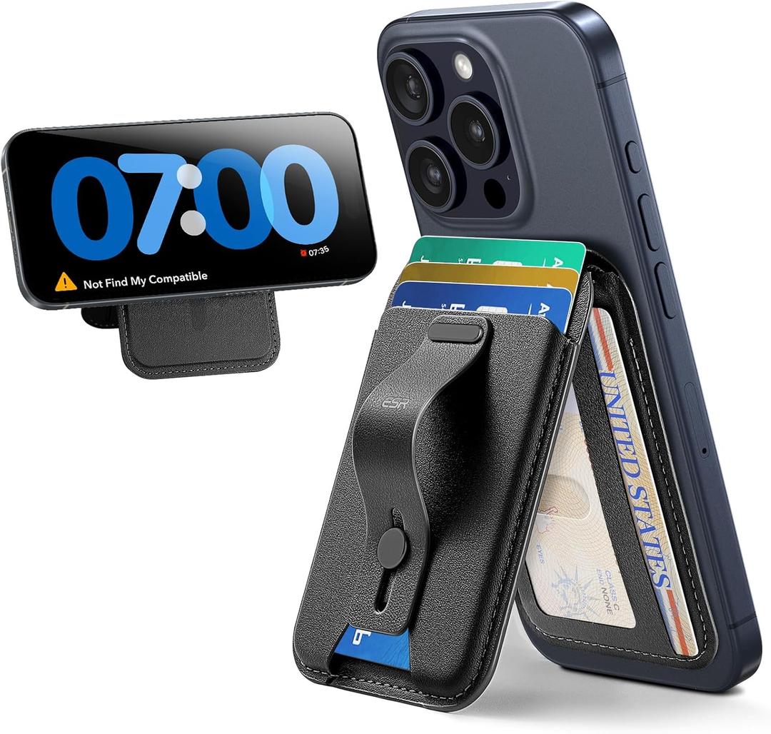 ESR Upgraded for MagSafe Wallet, 5 Card Holder with Adjustable Stand, Secure Grip Finger Loop, Magnetic Wallet for iPhone 17/16/15/14/13/12, Not for Mini, Not Find My Compatible, Black