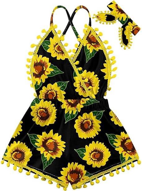 6M-3T Baby Girl Backless Bodysuit Outfit Set Romper Jumpsuit with Headband (18-24 Months, Sunflower-2)