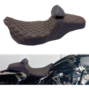 One-Piece Driver Passenger Seat Motorcycle 2-up Seat With Driver Backrest Cushion Pad Fit for Harley Touring Electra Glide Road King Road Glide Street Glide 2009-2023 (Orange Stitching)