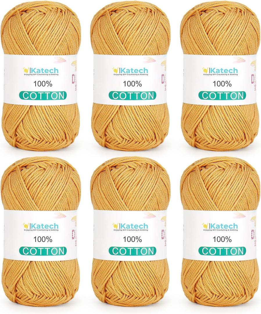 Katech Pure Cotton Yarn for Crocheting & KnittingSoft Sport Weight CYC #2, 6 Skeins (50g each, 300g total), Ideal Crochet Yarn for Dishcloths, Baby Clothes, Socks, Lightweight Scarves(Mustard Yellow)