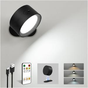 LED Wall Mounted Lights, Rechargeable Wall Sconces Lamp, 3 Color Temps & Remote and Touch, 360Rotation Dimmable Cordless Wall Light for Study Bedroom Reading Bedside(Black, 1 Pack)