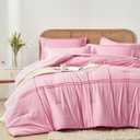 Yogeneg Pink Comforter Set Twin Size 5 Piece Bed in a Bag,Grid Pinch Pleat Twin Bedding Set,Striped Textured Soft Microfiber Comforter with Sheet Set,All Season Complete Bed Set(Pink,Twin)