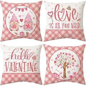 Dotegu Pink Valentine's Day Pillow Covers 18 x 18 Inch Set of 4, Valentines Decor Love Heart Designs Decorative Pillowcases for Home Sofa Couch Cushion Decoration
