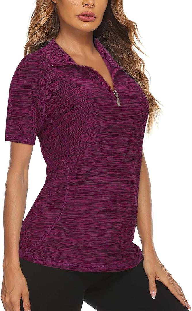 Koscacy Women's Quarter Zip Polo Shirts Short Sleeve Quick Dry Golf Tennis Athletic Tops (Purple, S)
