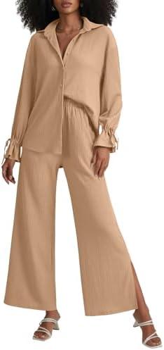 LYANER Women's 2 Piece Outfits Button Down Long Sleeve Shirt and Wide Leg Pants Set XL