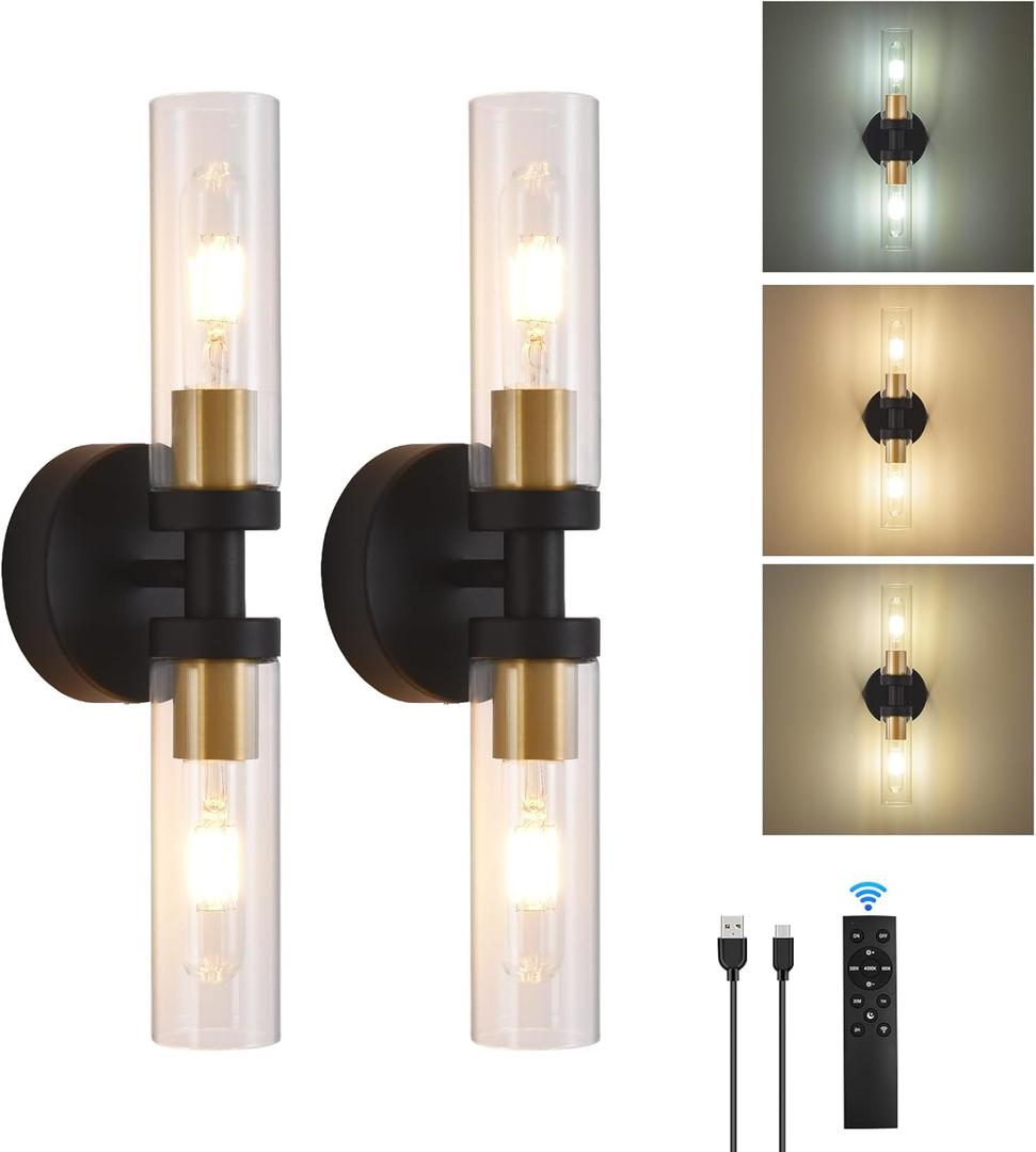 Battery Operated Wall Sconces Set of 2, 330 Rotation 3000K-6000K Dimmable Wireless Wall Sconce with Clear Glass Black Gold 10400mAh USB Rechargeable Wall Lights with Remote Bulbs Included 2 Pack