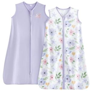 TILLYOU Sleep Sack 6-12 Months - 0.5 TOG Baby Wearable Blanket with 2-Way Zipper, Lightweight Cotton Summer Sleeping sack 2 Pack, Brilliant little flowers and purple (Medium)