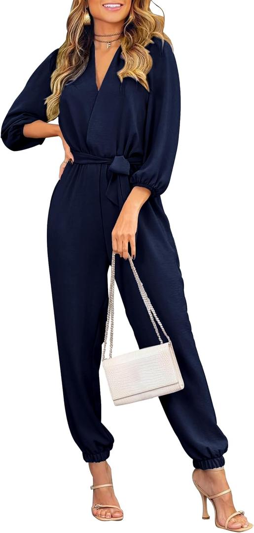 PRETTYGARDEN Women's Fall Jumpsuits Dressy Casual Pants Romper Spring Long Sleeve V Neck Belt Pockets One Piece Outfits (Blue, M)