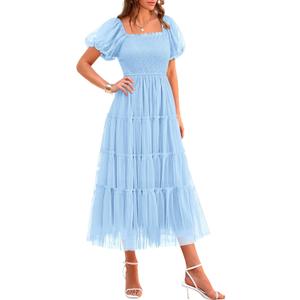 PRETTYGARDEN Women's Smocked Midi Tulle Dress 2025 Summer Puffy Short Sleeve Square Neck Ruffle Wedding Guest Party Dresses (Light Blue, Large)