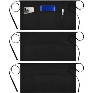 Syntus 3 Pack Server Aprons with 3 Pockets, Waterdrop Resistant Waitress Waiter Waist Apron, 11.5-inch Black