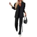 Womens Business Suits 2 Piece Set Striped Side Button Blazer Wide Leg Pant Sets Dressy Casual Black, M