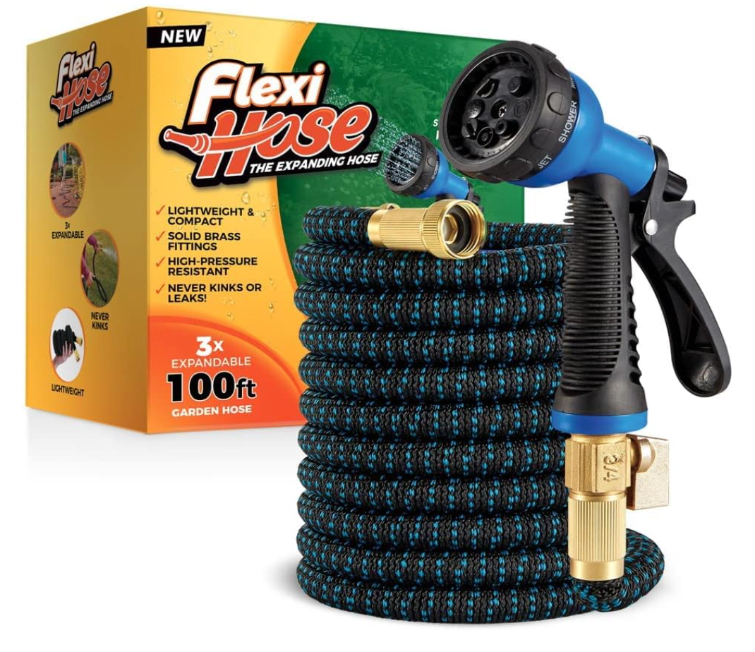 Flexi Hose Expandable Garden Hose with 8 Function Nozzle, 100FT - Lightweight Retractable Garden Hose, Water Hose - No-Kink Flexibility, 3/4 Inch Solid Brass Fittings and Double Latex Core